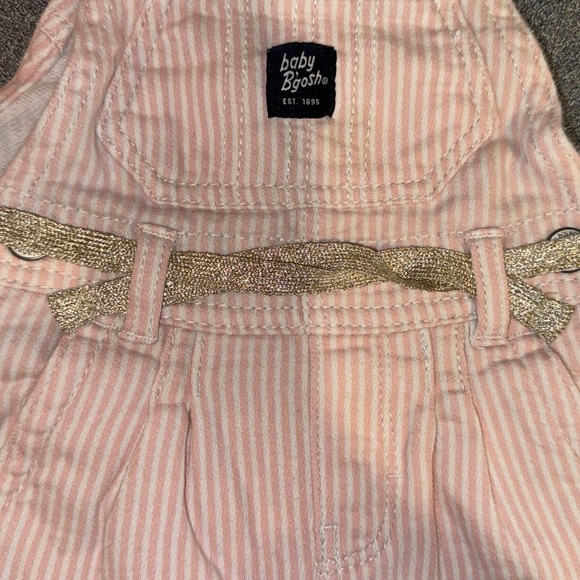 Oshkosh Baby B’Gosh Pink Hickory Railroad Stripe Stretch Overalls w Gold Belt 6M - Picture 4 of 7